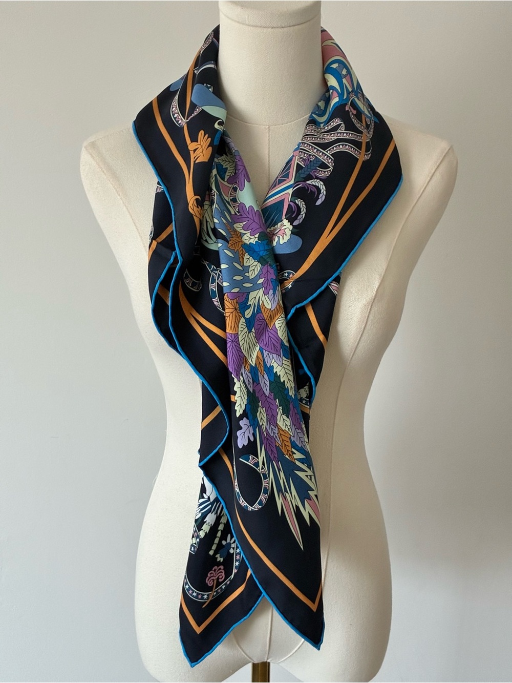 Designer Inspired Whimsical Scarf in Navy and Pastel - Picture 3 of 7